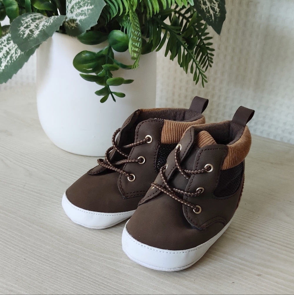 First Steps Infant High-Top Lace Up Brown Sneakers  Size 6-9 Months